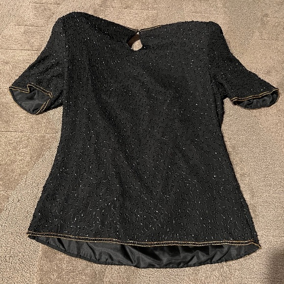 Vintage Scala Gold & Black Beaded Short Sleeve Top Blouse Shoulder Pads Keyhole - Picture 2 of 16